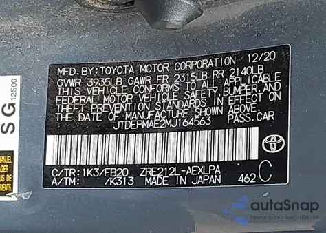 2021 Toyota Corolla Le z USA, uszkodzony, nr VIN JTDEPMAE2MJ164563